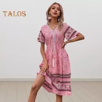 Женское летнее платье с V-образным вырезом и короткими рукавами, обтягивающее платье миди с высокой талией в богемном этническом стиле с принтом длиной до колена, трапециевидное платье для пляжного отдыха и миди L розовый