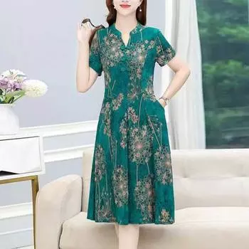 Женское летнее платье с V-образным вырезом и длинным рукавом в китайском стиле с короткими рукавами и принтом трапециевидной формы со плиссированными карманами длиной до колена для женщин среднего возраста для мамы-миди 3XL зелёный