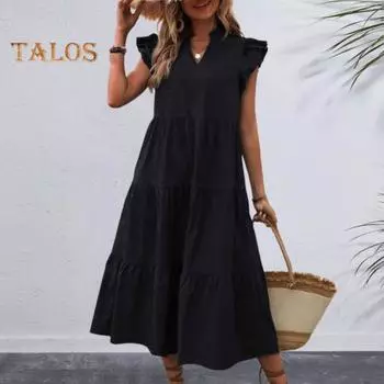 Женское летнее платье с V-образным вырезом, однотонное трапециевидное лоскутное платье с большим подолом, летящими рукавами, плиссированными рюшами, вечеринкой для свиданий, отпуском, пляжным платьем миди 2XL синий