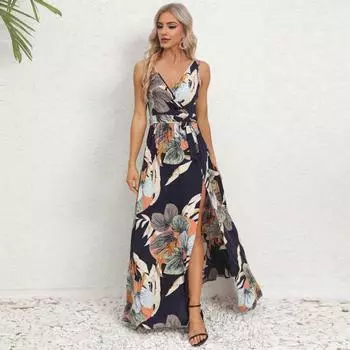 Женское летнее платье с V-образным вырезом и красочным принтом без рукавов на шнуровке с поясом с высокой талией и разрезом подол длиной до пола, плиссированное мягкое пляжное платье макси для отдыха M чёрный