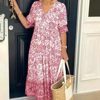 Женское летнее платье с v-образным вырезом, свободное длинное платье с цветочным принтом и короткими рукавами, дышащее легкое комфортное платье, повседневное модное платье для работы и отдыха S розовый