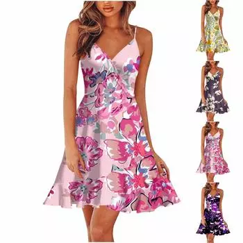 Женское летнее платье с V-образным вырезом и регулируемыми бретельками со складками на груди, повседневное платье с рюшами, летнее пляжное платье длиной до колена, платье с открытой спиной и открытыми плечами L