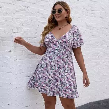 Женское летнее платье с v-образным вырезом и короткими рукавами с принтом, модное повседневное облегающее платье размера плюс, платье с высокой талией и большим подолом, пляжное платье для отдыха XL