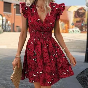 Женское летнее платье с V-образным вырезом и цветочным принтом, с высокой узкой талией, трапециевидной формы с развевающимися рукавами, плиссированными рюшами, вечеринкой для свиданий, отдыха, пляжа, мини-платья S зелёный