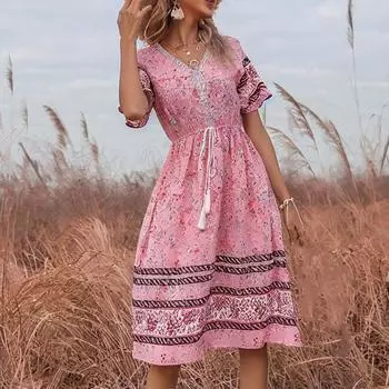 Женское летнее платье с V-образным вырезом и короткими рукавами, облегающее платье миди с высокой талией в богемном этническом стиле с принтом длиной до колена, трапециевидное платье миди для пляжного отдыха L розовый