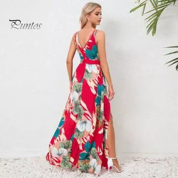 Женское летнее платье с V-образным вырезом и красочным принтом без рукавов на шнуровке с поясом с высокой талией и разрезом подол длиной до пола, плиссированное мягкое пляжное платье макси для отдыха M белый