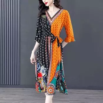 Женское летнее платье с v-образным вырезом на поясе, длинная юбка Женское платье Платье для подтягивания и похудения талии Женская юбка Шифоновое платье 4XL разноцветный