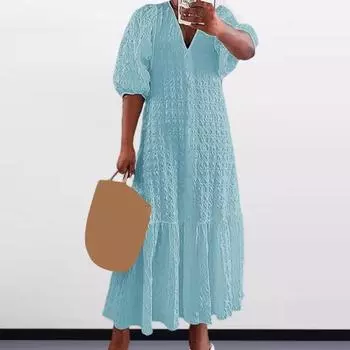 Женское летнее платье с V-образным вырезом и половиной рукавов, сплошной цвет, свободное трапециевидное лоскутное платье с рюшами до щиколотки, однобортное пляжное платье макси больших размеров M жёлтый