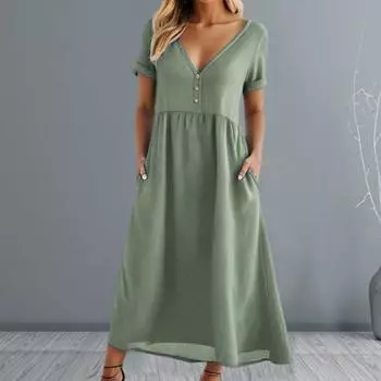 Женское летнее платье с v-образным вырезом трапециевидной формы, свободный подол, чистый цвет, с короткими рукавами, узкая талия, мягкие дышащие карманы, пляжное платье макси для отдыха 3XL небесно-голубой