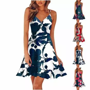 Женское летнее платье с V-образным вырезом и регулируемыми бретельками со складками на груди, повседневное платье с рюшами, летнее пляжное платье длиной до колена, платье с открытой спиной и открытыми плечами L тёмно-синий