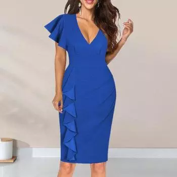 Женское летнее платье с V-образным вырезом и короткими рукавами с рюшами, однотонное, мягкое, плотное, с высокой талией, эластичное, OL, для поездок на работу, до колена, для вечеринки, клуба, формальное платье миди 2XL синий