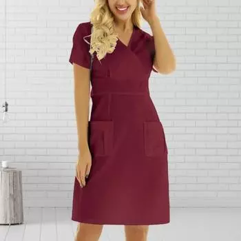 Женское летнее платье с v-образным вырезом и карманами, однотонное, с короткими рукавами, мягкое, трапециевидное, свободное, дышащее, длиной до колена, платье для медсестры M вино красного