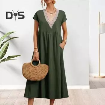Женское летнее платье с V-образным вырезом, коротким рукавом, однотонное, свободное, А-силуэт, с плиссировкой, мягкими карманами, длиной до середины голени, платье-миди 2XL темно-синий