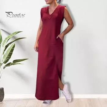 Женское летнее платье с V-образным вырезом, свободное однотонное однотонное платье без рукавов в стиле ретро с разрезом по бокам до щиколотки, боковые карманы, повседневная повседневная одежда, платье макси L светло-серый