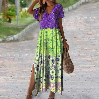 Женское летнее платье с V-образным вырезом и красочным принтом с боковым разрезом Свободное трапециевидное платье с короткими рукавами до щиколотки в стиле ретро в этническом стиле Мягкое пляжное платье макси для отдыха M фиолетовый