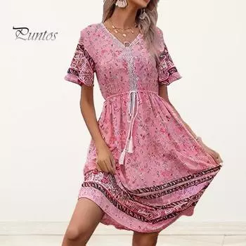 Женское летнее платье с V-образным вырезом и короткими рукавами, обтягивающее платье миди с высокой талией в богемном этническом стиле с принтом длиной до колена, трапециевидное платье для пляжного отдыха и миди L розовый