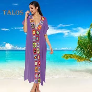 Женское летнее платье с V-образным вырезом и коротким рукавом, вязаный крючком, цветочный декор, прозрачное бикини, разделенный дизайн, анти-УФ-прикрытие, свободный крой, купальник, накидка абрикосовый