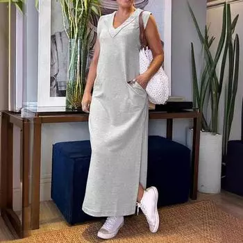 Женское летнее платье с V-образным вырезом, свободное однотонное однотонное платье без рукавов в стиле ретро с разрезом по бокам до щиколотки, боковые карманы, повседневная повседневная одежда, платье макси XL темно-серого