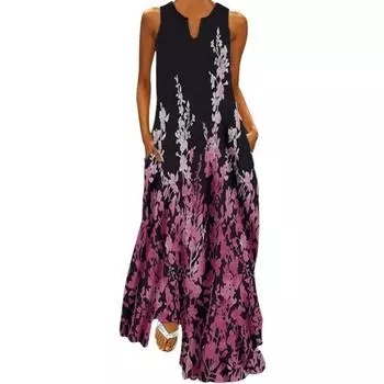 Женское летнее платье с V-образным вырезом, без рукавов, с цветочным принтом, макси-платье с карманами, свободное S