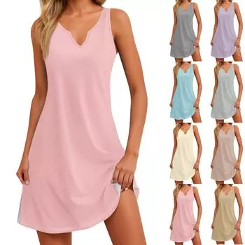 Женское летнее платье с V-образным вырезом и разрезом, однотонное L