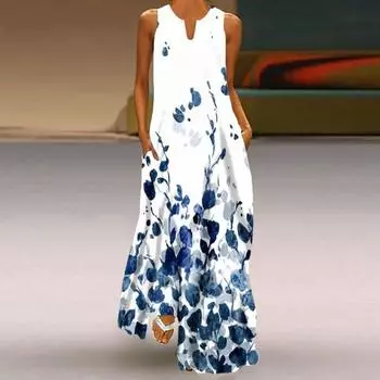 Женское летнее платье с V-образным вырезом, без рукавов, с цветочным принтом, макси-платье с карманами, свободный крой S