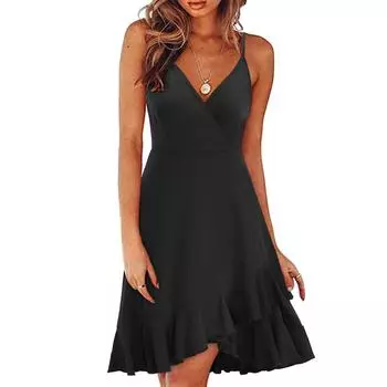 Женское летнее платье с V-образным вырезом и регулируемыми бретельками со складками на груди, повседневное платье с рюшами, летнее пляжное платье длиной до колена, платье с открытой спиной и открытыми плечами S чёрный