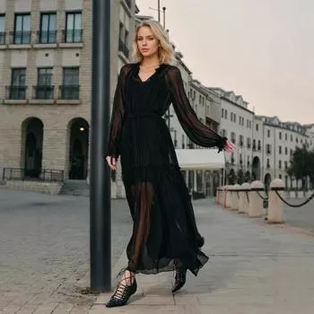 Женское летнее платье с V-образным вырезом и бретелью через шею, прозрачное, для поездок на работу S чёрный