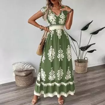 Женское летнее платье с V-образным вырезом, короткими рукавами, пляжное платье с принтом, высокой талией, струящимся подолом, платье для отпуска XL чёрный