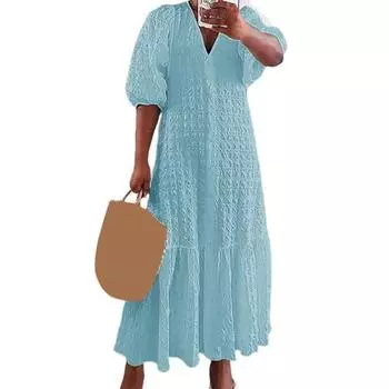 Женское летнее платье с V-образным вырезом и половиной рукавов, сплошной цвет, свободное трапециевидное лоскутное платье с рюшами до щиколотки, однобортное пляжное платье макси больших размеров XL светло-синий