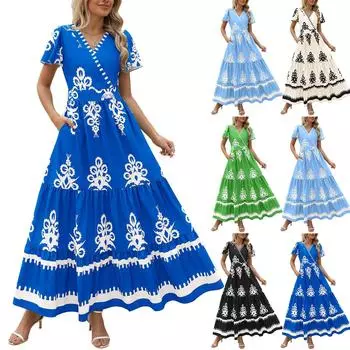 Женское летнее платье с V-образным вырезом и цветочным принтом, короткими рукавами и карманами L бежевый