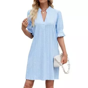 Женское летнее платье с V-образным вырезом и рукавом пять четвертей, однотонное, плиссированное S небесно-голубой