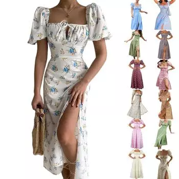 Женское летнее платье с V-образным вырезом и цветочным принтом, короткими рукавами и карманами S бежевый