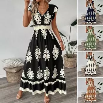 Женское летнее платье с V-образным вырезом, короткими рукавами, пляжное платье с принтом, высокой талией, струящимся подолом, платье для отпуска XL абрикосовый