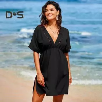 Женское летнее платье с V-образным вырезом, короткими рукавами, плиссировкой и высокой талией, пляжное платье-накидка, свободное мини-платье со шнуровкой, кисточками на бретелях, открытой спиной и разрезом на подоле L розы красного