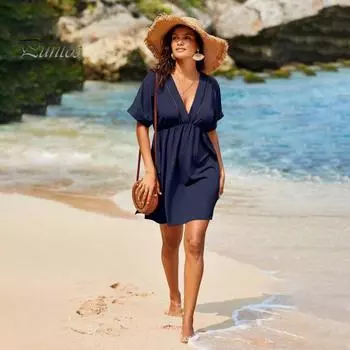 Женское летнее платье с V-образным вырезом, короткими рукавами, плиссировкой и высокой талией, пляжное платье-накидка, свободное мини-платье со шнуровкой, кисточками на бретелях, открытой спиной и разрезом на подоле M хаки