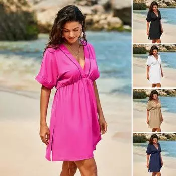 Женское летнее платье с V-образным вырезом, короткими рукавами, плиссировкой и высокой талией, пляжное платье-накидка, свободное мини-платье со шнуровкой, кисточками на бретелях, открытой спиной и разрезом на подоле L розы красного