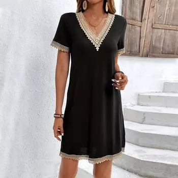 Женское летнее платье с V-образным вырезом из французского кружева, короткое трикотажное платье с рукавами S чёрный
