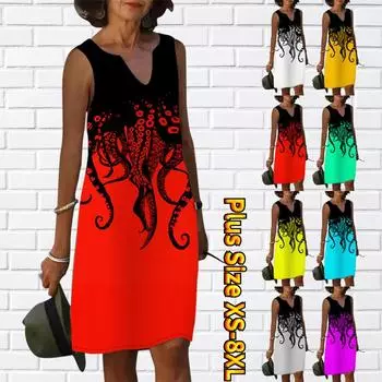 Женское летнее платье с v-образным вырезом, черное платье с принтом, повседневные свободные сексуальные платья без рукавов, большие размеры XS-8XL XS белый