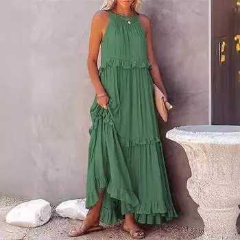 Женское летнее платье с вырезом без рукавов, плиссированное, свободное, однотонное, с рюшами, с лямкой на шее, на плечах, в стиле пэчворк, пляжное макси для отпуска M абрикосовый
