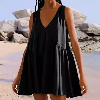 Женское летнее платье с вырезом, повседневное многослойное платье трапециевидной формы без рукавов, распашное платье-майка, платье для пляжного отдыха L чёрный
