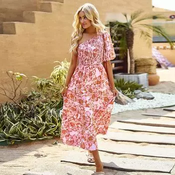 Женское летнее платье с высокой талией и коротким рукавом в богемном цветочном стиле S зелёный