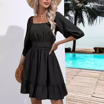 Женское летнее платье с завязками, квадратным вырезом, оборками, пышными рукавами пятью точками, драпировкой с завязками, открытыми плечами, А-силуэта, повседневное M чёрный