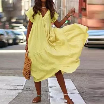 Женское летнее платье со свободным подолом и V-образным вырезом с короткими рукавами в стиле пэчворк, однотонное однотонное платье длиной до середины икры, тонкое женское вечернее повседневное платье миди