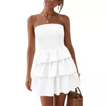 Женское летнее платье-солнце, повседневное, однотонное, А-силуэт, без бретелек, верхнее платье L белый