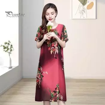 Женское летнее платье среднего возраста с цветочным принтом, круглым вырезом, короткими рукавами, двухслойное платье длиной до колена, больших размеров, свободное женское платье миди для выпускного вечера L синий