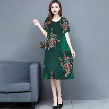 Женское летнее платье среднего возраста с цветочным принтом, круглым вырезом, короткими рукавами, двухслойное платье длиной до колена, больших размеров, свободное женское платье миди для выпускного вечера L синий