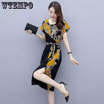 Женское летнее платье средней длины с ретро-принтом, модное шикарное свободное платье с разрезом по бокам и поясом на бедрах S