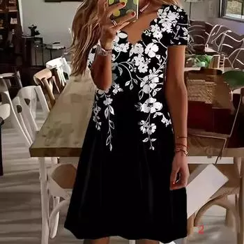 Женское летнее платье средней длины с цветочным принтом, элегантное облегающее платье с высокой талией и коротким рукавом, длинная юбка XXXXL чёрный