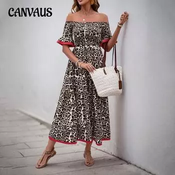 Женское летнее платье средней длины с открытыми плечами, рукавами-лотосом и А-образным вырезом, платье с леопардовым принтом S коричневый/кофейный