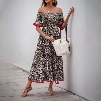 Женское летнее платье средней длины с открытыми плечами, рукавами-лотосом и А-образным вырезом, платье с леопардовым принтом S коричневый/кофейный
